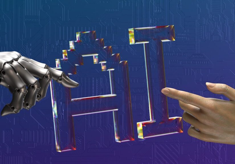 two hands touching each other in front of a blue background