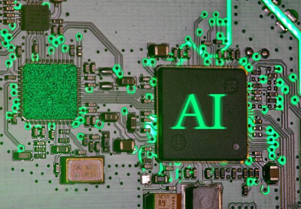 Glowing ai chip on a circuit board.