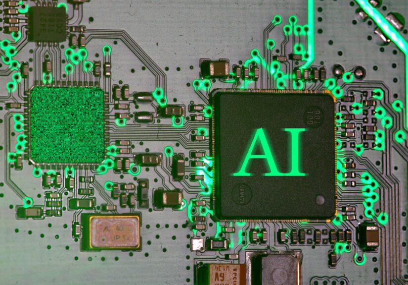 Glowing ai chip on a circuit board.