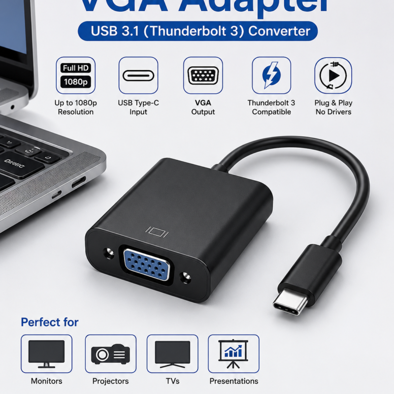 USB Type C to VGA Adapter USB 3.1 Thunderbolt 3 Converter for Full HD Monitor and Projector Connectivity