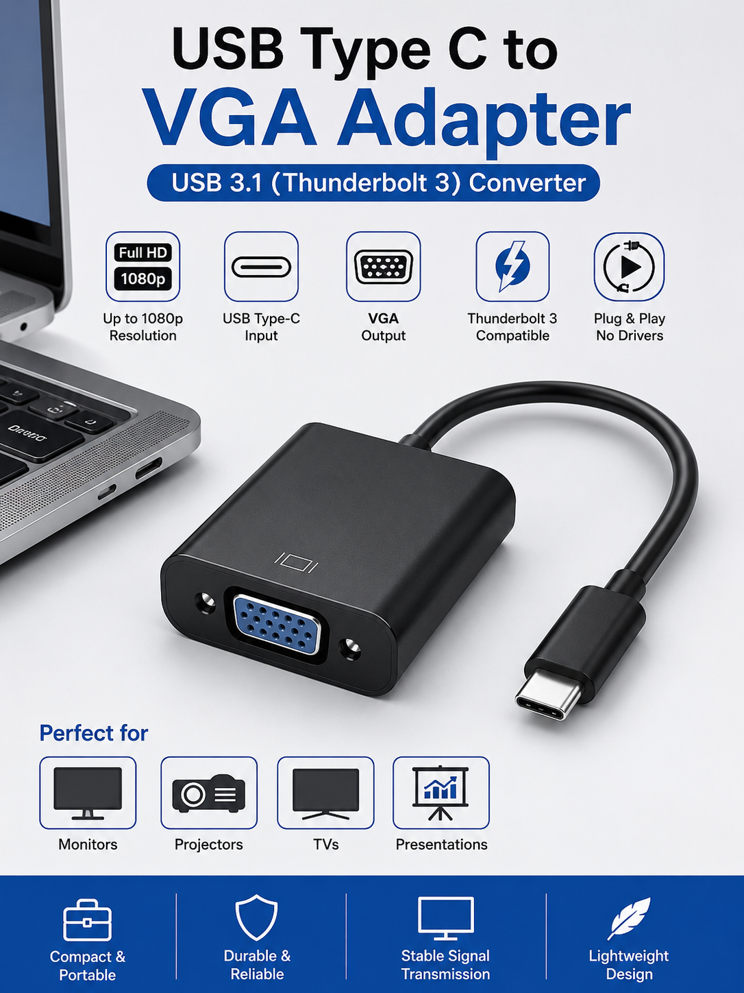 USB Type C to VGA Adapter USB 3.1 Thunderbolt 3 Converter for Full HD Monitor and Projector Connectivity