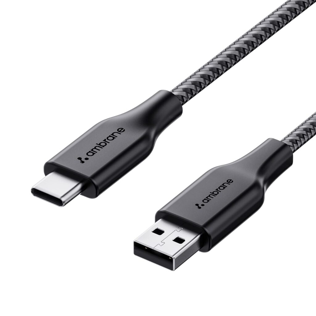Ambrane Unbreakable 3A Fast Charging 1.5m Braided Type C Cable (480Mbps Data Sync, Quick Charge 3.0, RCT15A, Black)