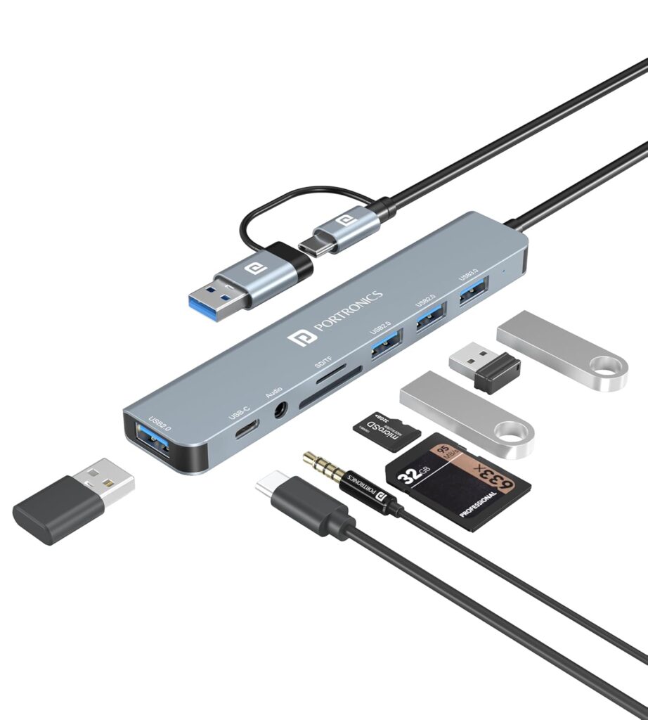 Portronics Mport 8 Plus Dual Plug 8-in-1 Docking Station with AUX, Type-C, USB 3.0 & Card Reader (Grey)