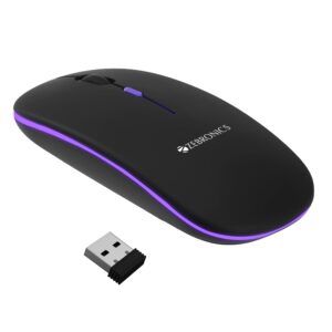 Zebronics Blanc Slim Wireless Mouse with Rechargeable Battery, BT + 2.4GHz, 4 Buttons, 800/1200/1600 DPI, Silent Operation, Multicolor LED Lights