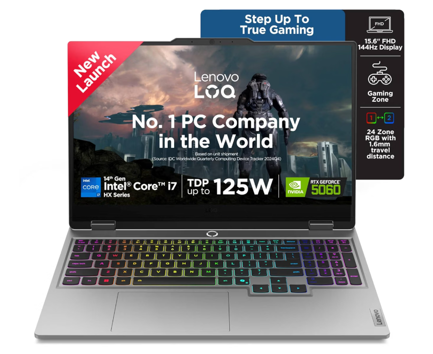 Lenovo LOQ 15IRX9 83DV00HDIN Gaming Laptop (14th Gen Intel Core i7-14700HX, 16GB RAM, 1TB SSD, RTX 4060 8GB, Windows 11, 15.6″ FHD 144Hz, Luna Grey)