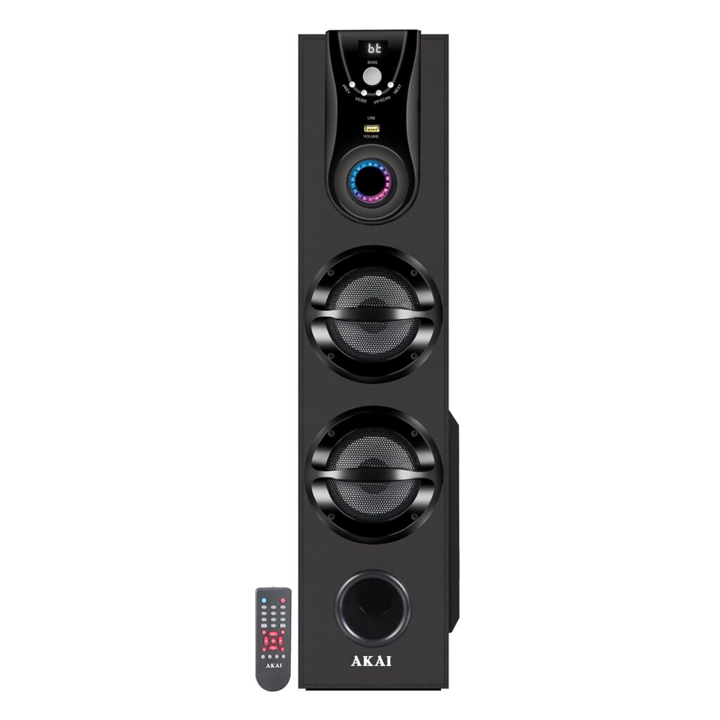AKAI Tower Bluetooth Wireless Speaker 50W with Remote – 1 Year Warranty | Home Theater System 5.25″ Woofer | Karaoke mic, LED Display, Deep Bass, FM, AUX, USB | Supports TV, PC & Smartphone (HA-TS50)