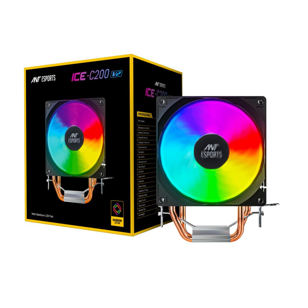 Ant Esports ICE-C200 V2 CPU Cooler/CPU Fan with Rainbow LED Fan | Support – Intel : LGA1700 / 115X / 1200/1366 x 775 & AMD : AM5, AM4, AM3+, AM3, AM2+, FM2, FM1