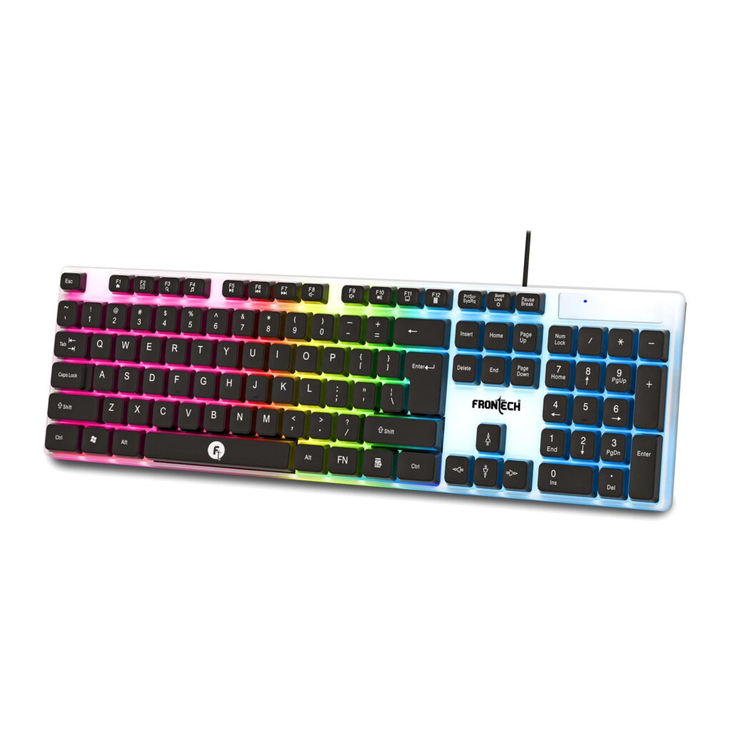 FRONTECH Wired Gaming Keyboard with 104 Keys | Rainbow Backlight Effect | Membrane Keys with Retractable Stands | USB Plug & Play | Ergonomic Design | Easy to Use (KB-0042, White & Black)