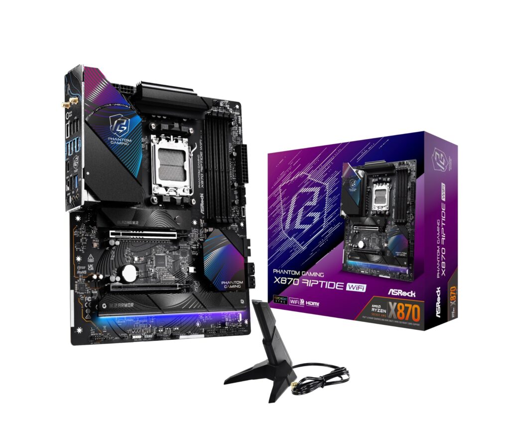 ASRock Phantom Gaming X870 Riptide WiFi 7 AMD Ryzen Socket AM5 ATX Motherboard DDR5 DIMMs 8000 MHz 256 GB USB4 M.2 SATA3 6.0 Gb/s