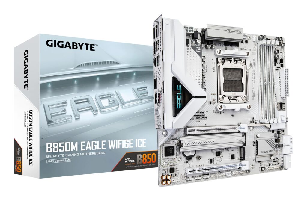 GIGABYTE B850M Eagle WIFI6E ICE Motherboard – AMD Ryzen 9000 Series CPUs, 8+2+2 Phases Digital VRM, up to 8200MHz DDR5 (OC), 1xPCIe 5.0 + 1xPCIe 4.0 M.2, Wi-Fi 6E, 2.5 GbE LAN, USB 3.2 Gen 2