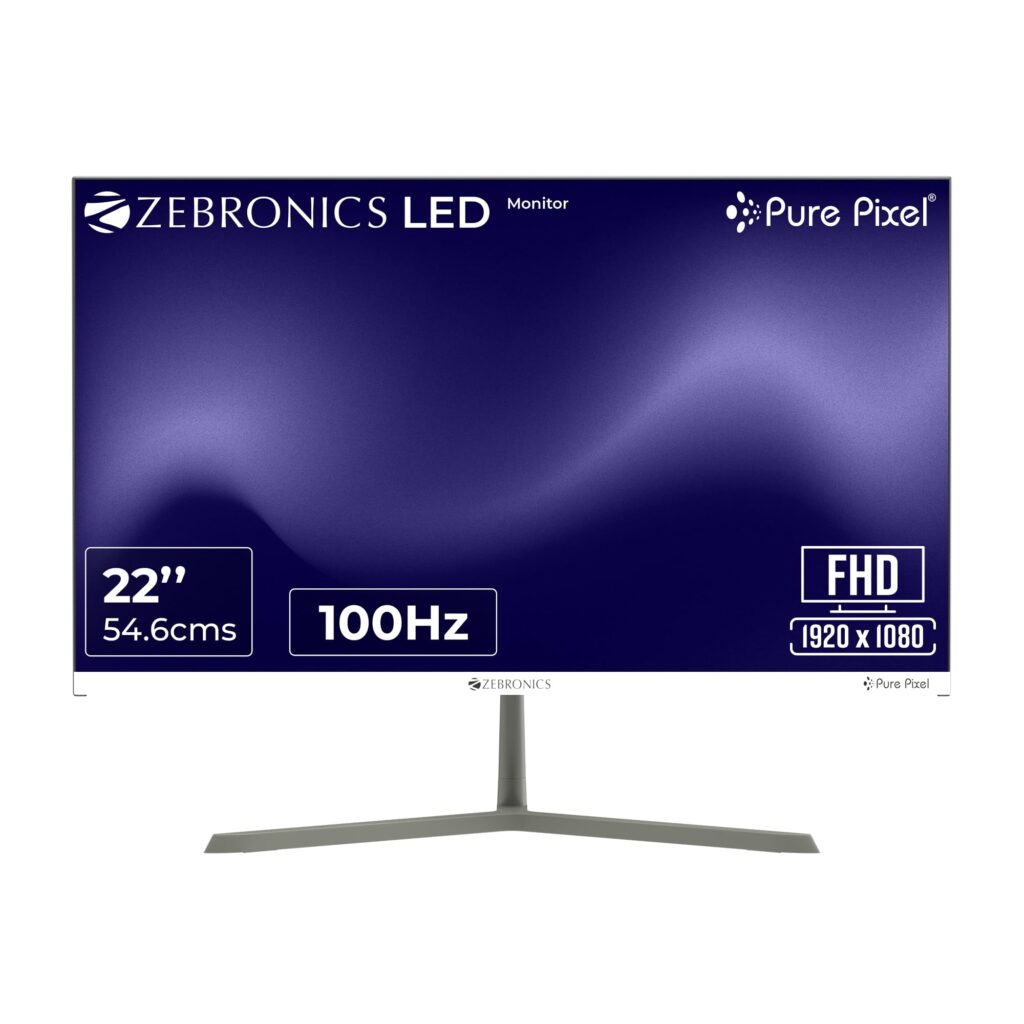Zebronics Full HD LED Monitor, 21.5 Anti-Glare Screen, 100Hz Refresh Rate, Ultra Slim, Bezel-Less Display, 250nits Brightness, HDMI & VGA, Wall Mountable (A122)