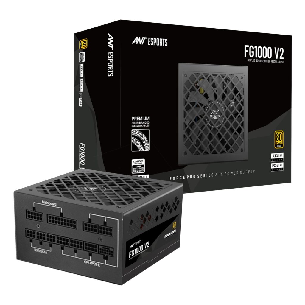 Ant Esports FG1000 V2 Power Supply — 1000W, 80 Plus Gold Certified, ATX 3.1 & PCIe 5.1 Ready, Fully Modular, Braided Nylon Cables, 12V-2×6 Connector, RTX 5090 & RX 9000 Series Compatible, Gaming PSU