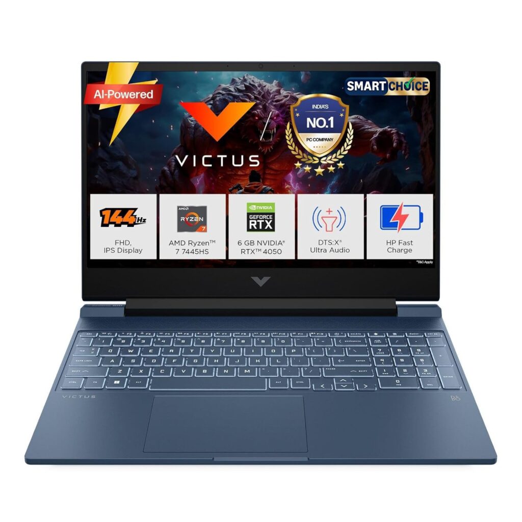 HP Victus Smartchoice, AMD Ryzen 7 7445HS, 6GB RTX 4050, 16GB DDR5(Upgradeable) 512GB SSD, 144Hz, IPS, 300 nits, 15.6”/39.6cm, Win11, Office24, Blue, 2.29kg, fb3130AX/3118AX, Xbox pass*,Gaming Laptop
