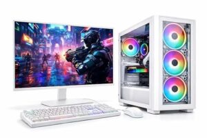 Gaming Desktop PC with Core i7 4770 Processor, 16GB RAM, 128GB SSD+1TB HDD, HD Graphics 4600, 22 In Frameless White LED Monitor, 4 Fan RGB Cabinet, RGB White Keyboard Mouse, WiFi, Windows 11 Pro