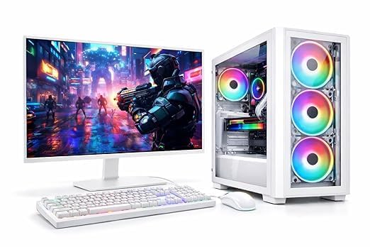 Gaming Desktop PC with Core i7 4770 Processor, 16GB RAM, 128GB SSD+1TB HDD, HD Graphics 4600, 22 In Frameless White LED Monitor, 4 Fan RGB Cabinet, RGB White Keyboard Mouse, WiFi, Windows 11 Pro